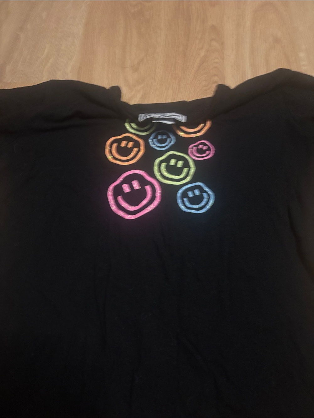 Black Tee with Multicolor Smiley Embroidery